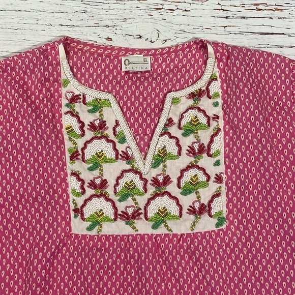 Delfina Tunic Pink Geometric Beaded Floral Resort Top - Picture 2 of 8